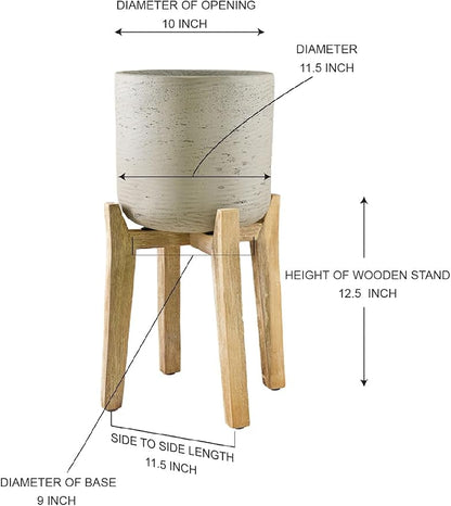 Serene Spaces Living Minimalist Cement Planter with Wooden Legs – Sleek Planter for Succulents, Cacti, Indoor Greenery, Versatile, Durable Plant Pot for Home or Office, 11.5" Diameter & 20.5" Tall
