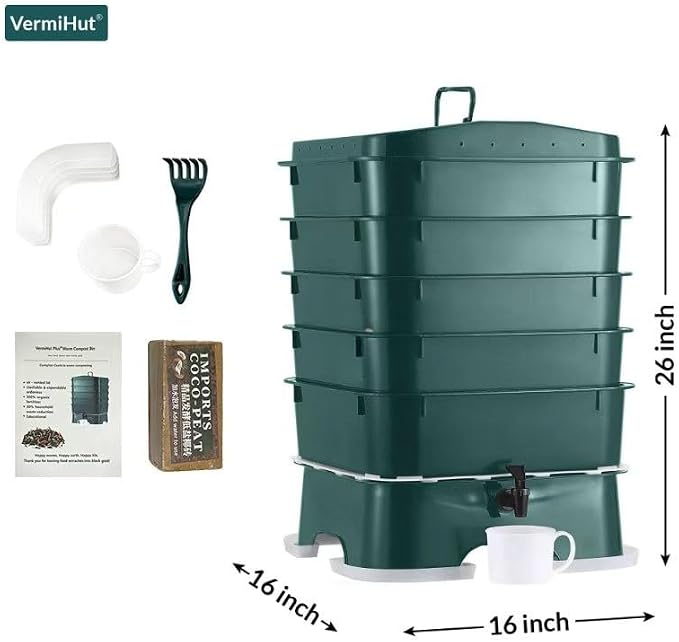 The Original VermiHut® Plus 5-Tray Worm Compost Bin – Indoor & Outdoor Vermicomposting System, Continuous Flow Food Waste Recycler for Organic Composting & Gardening - Dark Green