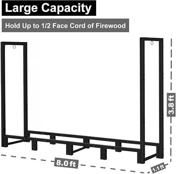 Koutemie 8Ft Outdoor Firewood Rack Holder for Fireplace Wood Storage, Adjustable Fire Log Stacker Stand, Black
