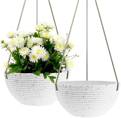 Asnext Line Pattern 10 Inch Hanging Planter for Indoor Outdoor Plants, 2 Pack Round Hanging Pots for Plants (Speckled White)