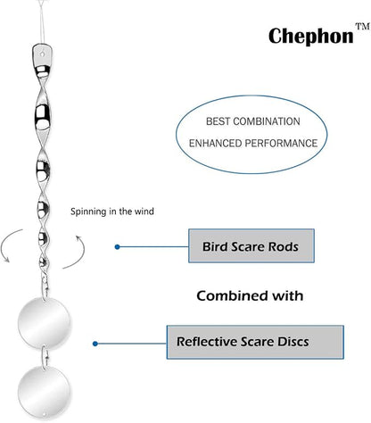 Chephon Bird Scare Rods with Reflective Discs Reflectors - Bird Spinner Scare Device of Twisting Rods and Disks to Keep Birds Away Like Woodpecker and Pigeon - 6 Pack