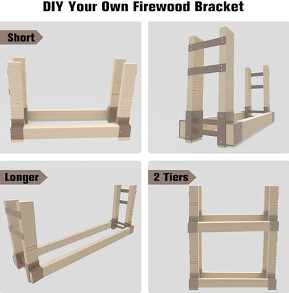 Outdoor Firewood Rack Bracket Kit with 4 Support Bars for Fire Wood Pile Storage, Heavy Duty DIY Fireplace Log Stacking Stand Holder for 2x4 lumber, Brown, 1 Pair