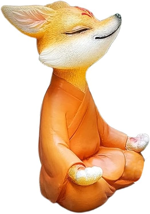 Orange Resin Fox Statue, Zen Yoga Figurine for Desktop & Garden | Mini meditative accents, garden & fox statues, fox figurines, spiritual gifts, feng shui shelf decor for plant & yoga lovers