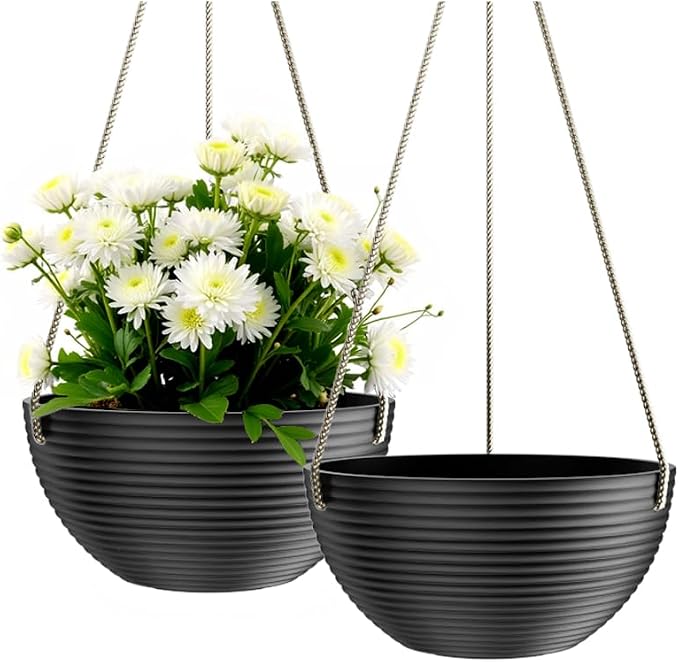 Asnext Line Pattern 10 Inch Hanging Planter for Indoor Outdoor Plants, 2 Pack Round Hanging Pots for Plants (Black)