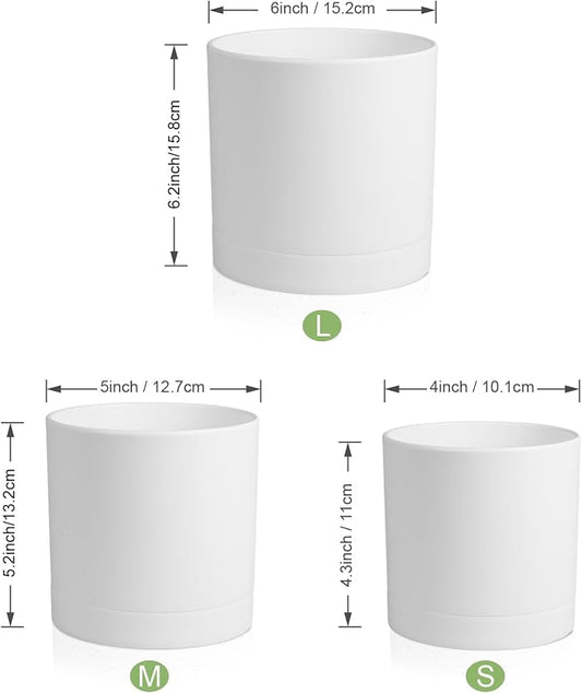 Meowell 6/5/4 inch Flower Pots, Pack of 3 Cylinder Plant Pots for Small Indoor Outdoor Plants, Plastic Planters with Drainage Holes and Saucers for Garden Succulent Nursery House Plants, White