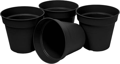 Mintra Garden Pots, 4 Pack Bulk Plastic Plant Pots with Drainage Tray, Round Indoor & Outdoor Decorative Planters with Drain Holes for Flowers, Herbs & Plants, 13cm Diameter – Black, 5 in