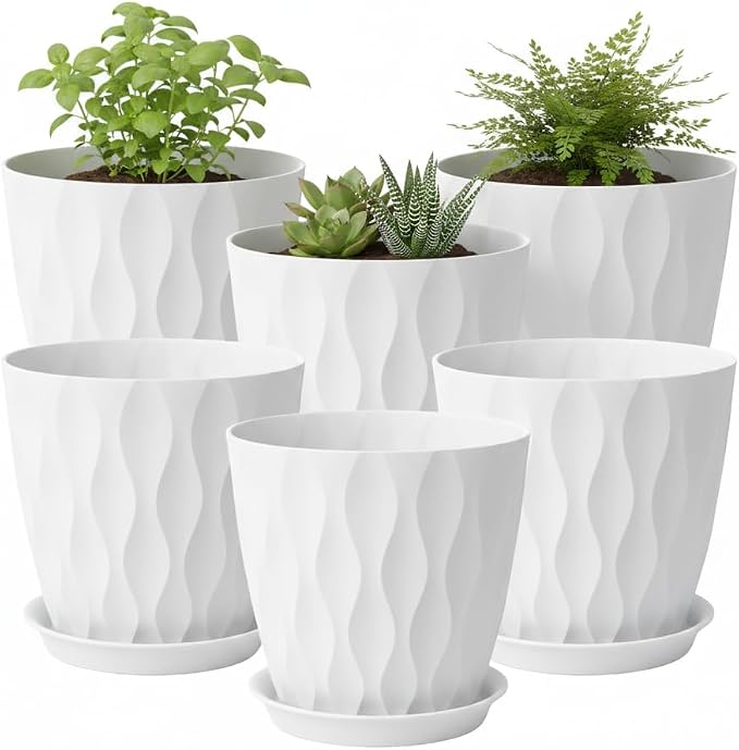 8 Inch Plant Pots Plastic Planters with Drainage Holes & Saucer, 6 Pack | White, 3D Water Ripple Texture, for Indoor Outdoor Plants, Decoration Flower Pots for Garden Home