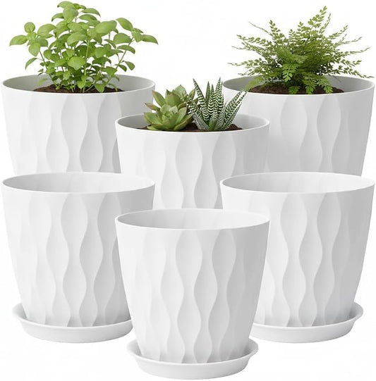 8 Inch Plant Pots Plastic Planters with Drainage Holes & Saucer, 6 Pack | White, 3D Water Ripple Texture, for Indoor Outdoor Plants, Decoration Flower Pots for Garden Home