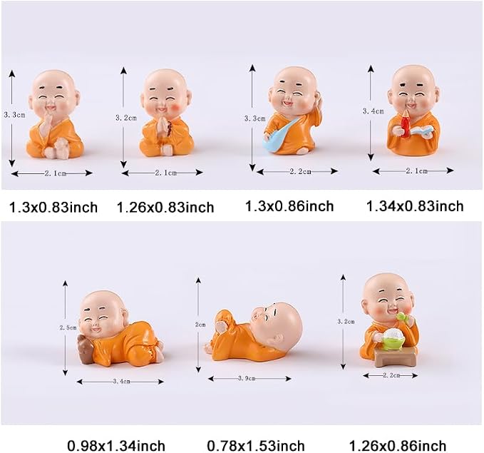 7Pcs Baby Buddha Statues 1 inch Little Monk Figurines for DIY Zen Garden Car Dashboard Office Tabletop Shelf Home Decoration