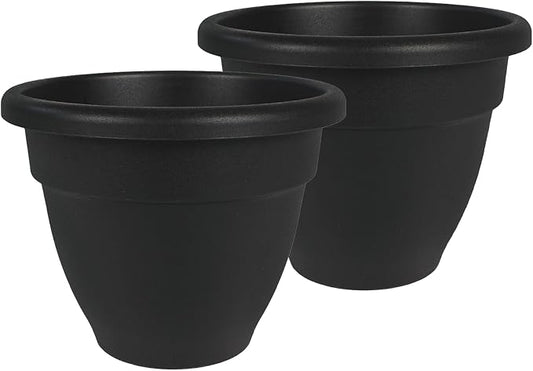 The HC Companies 16 Inch Caribbean Planter Pots with Drainage & Plug, Rolled Rim Plastic Planters for Indoor & Outdoor Plants, 2-Pack Decorative Flower Pots for Garden, Office & Home Decor, Black