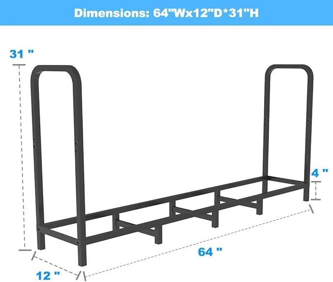 5.3ft Firewood Rack Holder, Adjustable Heavy Duty Fire Log Stacker Stand for Fireplace, Outdoor Indoor Metal Wood Pile Storage Organizer, Patio Logs Stand tool, Black