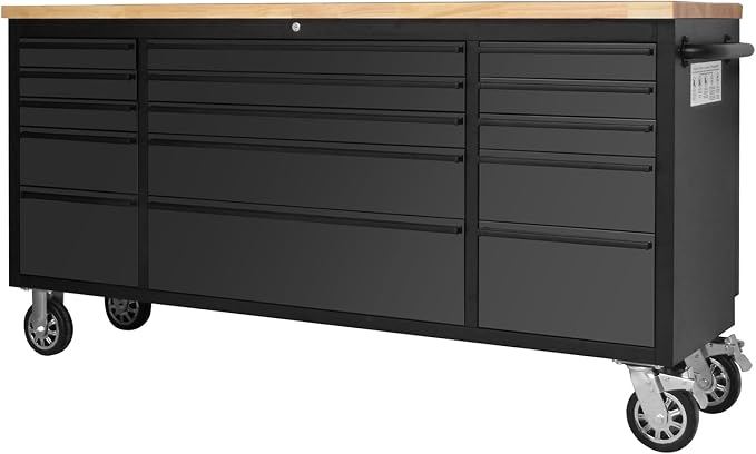 72-Inch Heavy-Duty Rolling Tool Chest & Mobile Workbench with 15 Drawers, Steel Storage Cabinet with Rubber Wood Top, Key Lock, Drawer Liners and Wheels for Garage, Workshop, Black