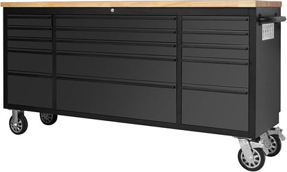 72-Inch Heavy-Duty Rolling Tool Chest & Mobile Workbench with 15 Drawers, Steel Storage Cabinet with Rubber Wood Top, Key Lock, Drawer Liners and Wheels for Garage, Workshop, Black