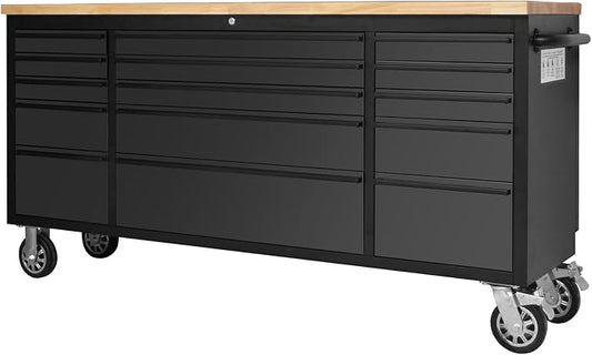72-Inch Heavy-Duty Rolling Tool Chest & Mobile Workbench with 15 Drawers, Steel Storage Cabinet with Rubber Wood Top, Key Lock, Drawer Liners and Wheels for Garage, Workshop, Black