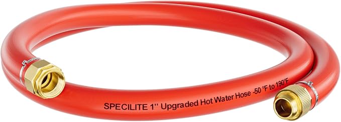 SPECILITE 1" Hot/Cold Short Leader Garden Water Hose 5ft, -50℉ to 190℉, High Water Flow & Flexible, Heavy Duty Rubber Pipe with 3/4" Brass Fittings for All-weather Outdoor, Industrial, Farm, Red