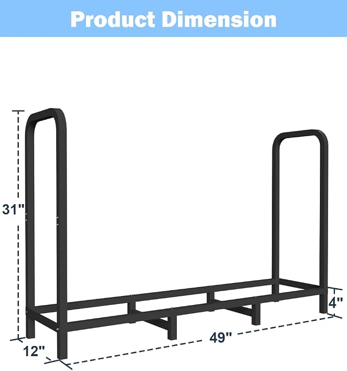 4ft Firewood Rack Holder with Cover, Adjustable Heavy Duty Fire Log Stacker Stand for Fireplace, Outdoor Indoor Metal Wood Pile Storage Organizer, Patio Logs Stand tool, Black