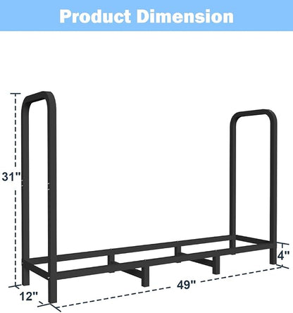 4ft Firewood Rack Holder with Cover, Adjustable Heavy Duty Fire Log Stacker Stand for Fireplace, Outdoor Indoor Metal Wood Pile Storage Organizer, Patio Logs Stand tool, Black