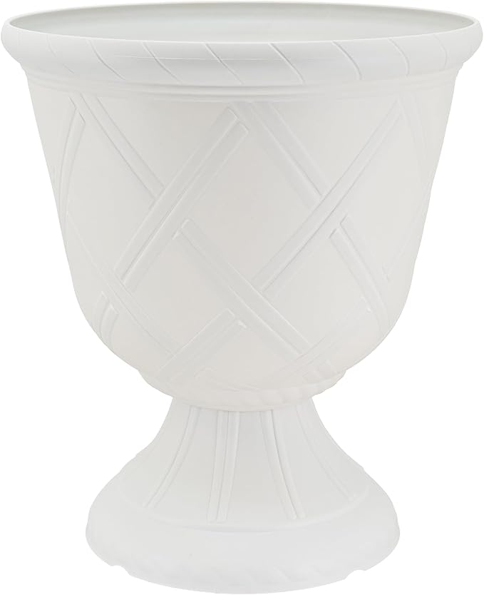 Arcadia Garden Products PL61WT Lattice Plastic Garden Urn, Classic Decorative Garden Pot Planter for Indoor and Outdoor Plants, White