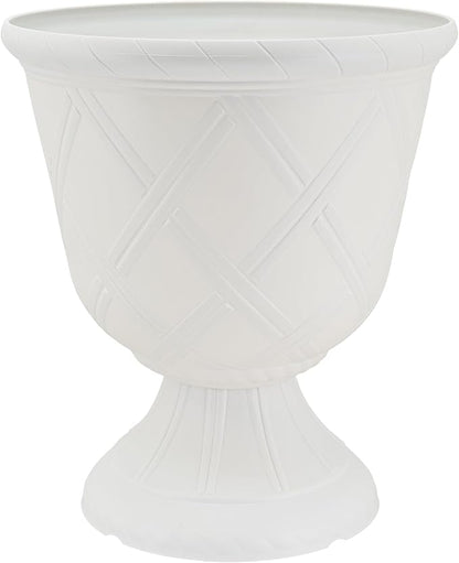 Arcadia Garden Products PL61WT Lattice Plastic Garden Urn, Classic Decorative Garden Pot Planter for Indoor and Outdoor Plants, White