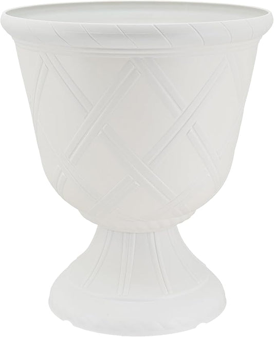 Arcadia Garden Products PL61WT Lattice Plastic Garden Urn, Classic Decorative Garden Pot Planter for Indoor and Outdoor Plants, White