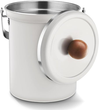 WAGENSTEIGER Kitchen Countertop Compost Bin 101ounces / 3Liters, Airtight Lid SUS304 Stainless Steel Odor-Free Food Waste Bin with Wooden Handle Stylish Design/Bathroom Trash Can (White)
