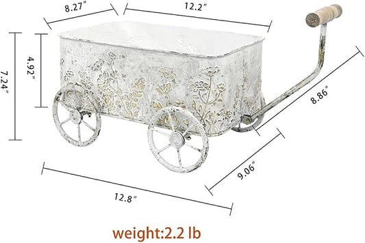 Flower Cart with Wooden Handles, Metal Wagon Planters for Outdoor Plants, Garden Planter with Wagon Wheels, Decorative Wheelbarrow, Plant Cart for Patio Garden Balcony (White)
