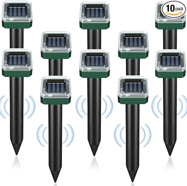 Mole Repellent Solar Powered 10 Pack, Ultrasonic Gopher Deterrent for Garden & Lawn, IP44 Waterproof Vole & Snake Repeller Outdoor, Sonic Spike Pest Control for Getting Rid of Groundhog, Skunk, Rodent