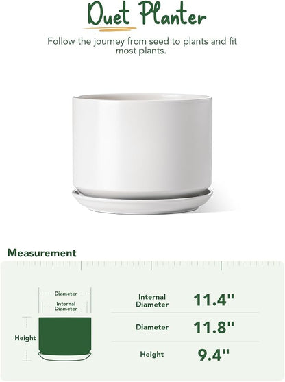LE TAUCI 12 Inch Pots for Plants, Ceramic Plant Pots with Drainage Holes and Saucers, Elegant and Durable Large Plant Pot, Perfect for Home & Office Decor, White