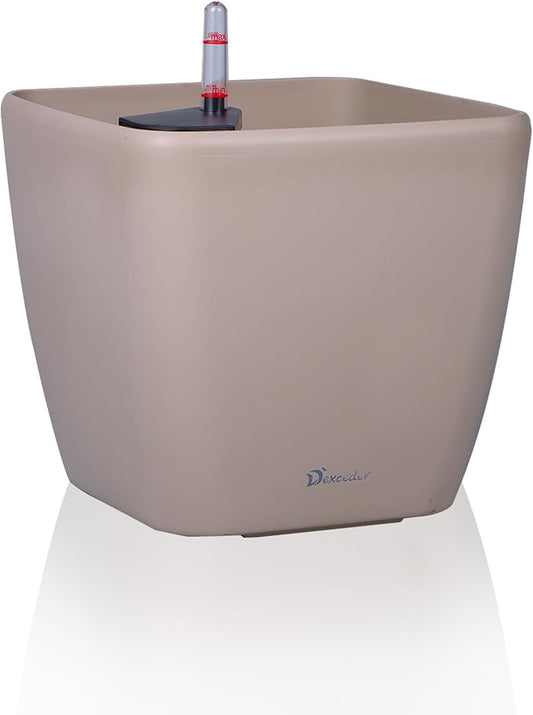 Dexceder 11x10 Self Watering Planter (Taupe Matte) | Inner Mat Design, Thickened Table Flower Plant Pot with Water Level Indicator Indoor Outdoor