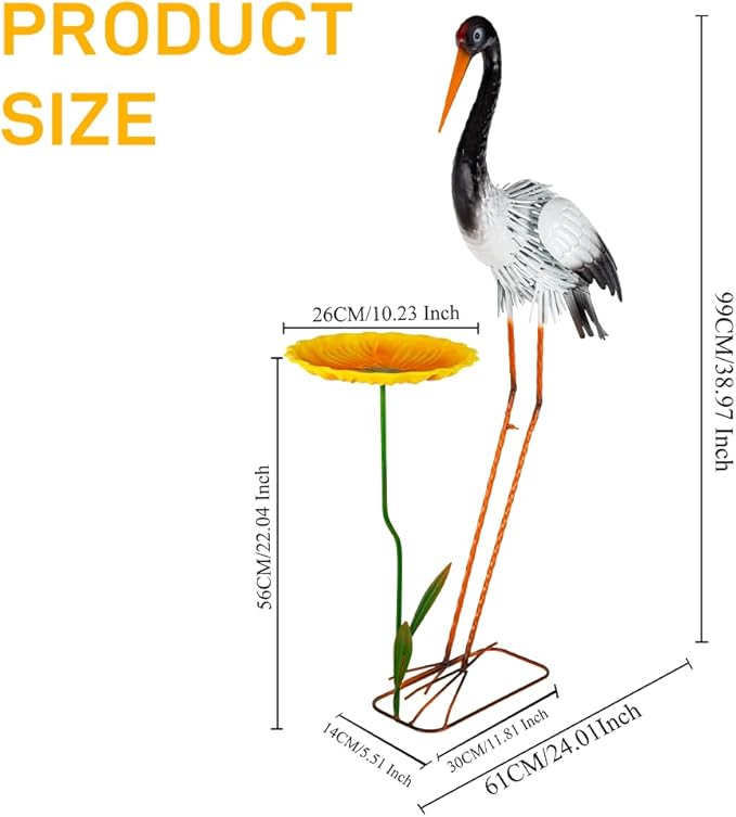 Large Heron Garden Statue for Outside,39" Crane Outdoor Statues with Leaf Tray,Metal Yard Art for Porch Backyard Patio Lawn Decor（Black+White）