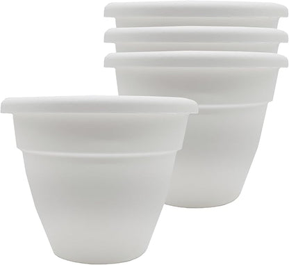 The HC Companies 8 Inch Caribbean Planter Pots with Drainage & Plug, Rolled Rim Plastic Planters for Indoor & Outdoor Plants, 4-Pack Decorative Flower Pots for Garden, Office & Home Decor, White