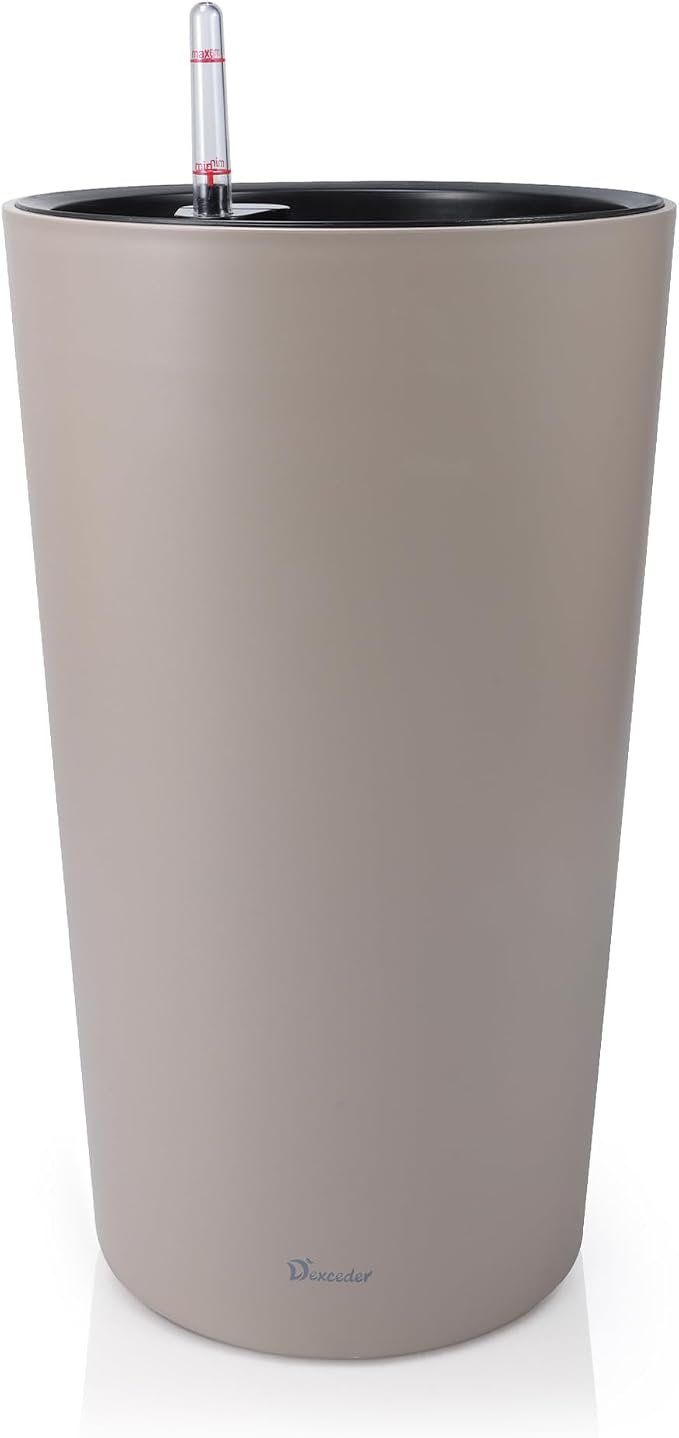 Dexceder 22x13 Self Watering Tall Planter (Taupe Matte) | High Cylinder, Thickened Large Floor Standing Flower Plant Pot with Water Level Indicator Indoor Outdoor