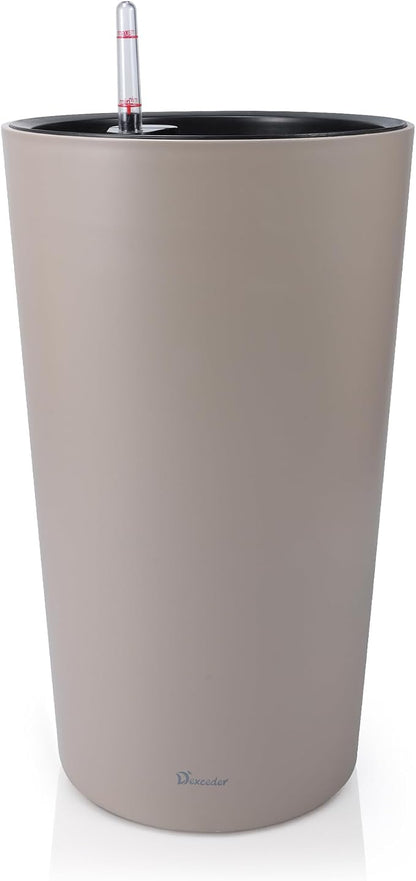 Dexceder 22x13 Self Watering Tall Planter (Taupe Matte) | High Cylinder, Thickened Large Floor Standing Flower Plant Pot with Water Level Indicator Indoor Outdoor