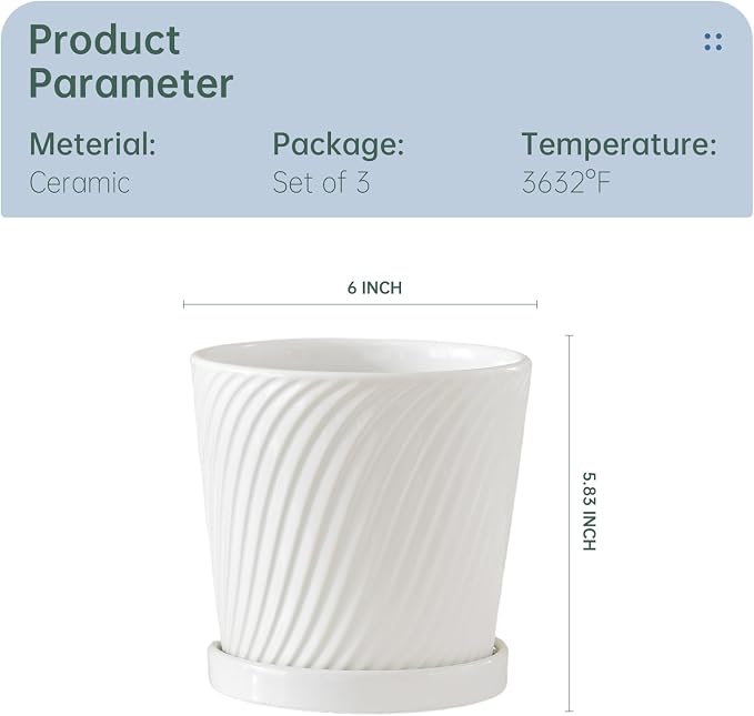 Ton Sin Plant Pots,White 6 Inch Flower Pots for Plants,Ceramic Planter with Drainage Holes,Indoor Planter Pots with Saucer,Outdoor Garden Pots (White, 4 Pack)