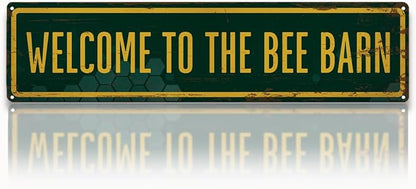Garden Metal Tin Sign, Welcome to the Bee Barn Sign, Rustic Garden Decor, for Yard Fence Door Porch, Outdoor Gardens Decoration, Ideal for Bee Lovers, 15.7 x 3.9 Inches
