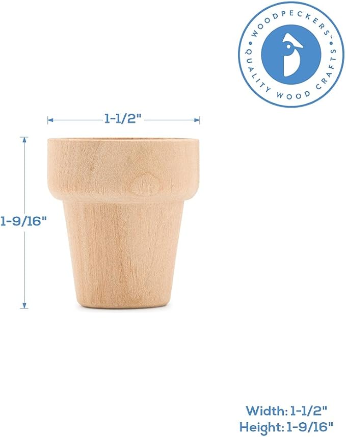 Woodpeckers Small Wooden Flower Pot 1-9/16-inch x 1-1/2-inch, Pack of 100 Wood Craft Flower Planter to Paint