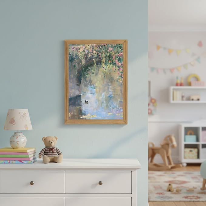 Framed Monet Wall Art, Water Lilies Pond Landscape Canvas Print, 8x10 | Vintage floral pond art in rustic wood frame for bedroom, bathroom, living room or French country decor
