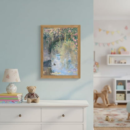 Framed Monet Wall Art, Water Lilies Pond Landscape Canvas Print, 8x10 | Vintage floral pond art in rustic wood frame for bedroom, bathroom, living room or French country decor
