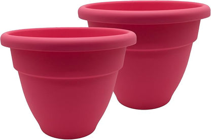 The HC Companies 16 Inch Caribbean Planter Pots with Drainage & Plug, Rolled Rim Plastic Planters for Indoor & Outdoor Plants, 2-Pack Decorative Flower Pots for Garden, Office & Home Decor, Pink Rose