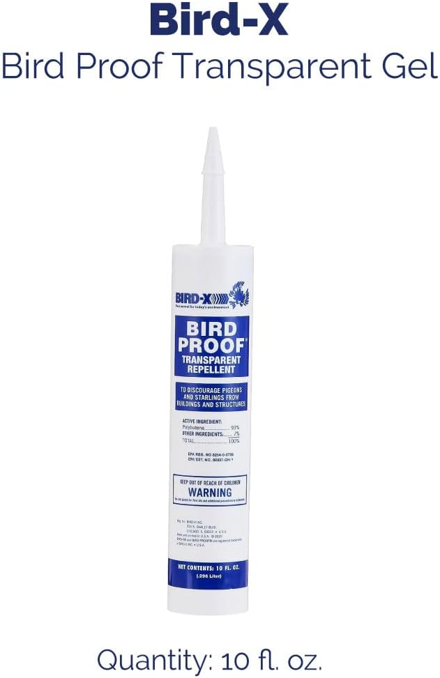Bird-X Bird Repellent Gel, Sticky Texture, Clear, 10 Fl. Oz., Pack of 1 | For Ledges and Windowsills, Low-Profile, Discreet, Applies with Caulk Gun, Each Tube Covers 10 Feet Pigeons
