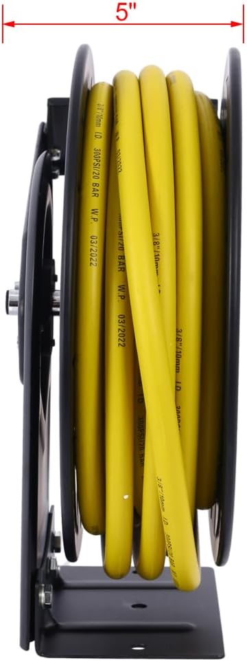 Air Reel Retractable, Industrial 3/8" Inch x 50' Feet Long Premium Commercial Flex Hybrid Polymer Hose, Retractable Air Compressor Hose Reel, Max 300 PSI Heavy Duty Steel Frame For Indoor&Outdoor Use