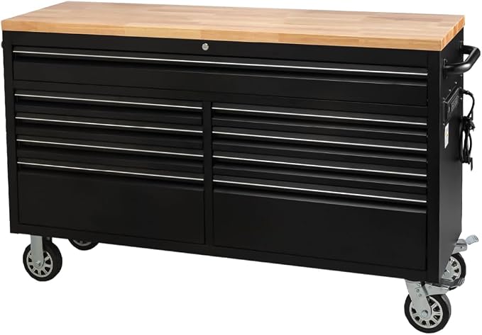 61-Inch Heavy-Duty Rolling Tool Chest & Mobile Workbench with 9 Drawers, Steel Storage Cabinet with Rubber Wood Top, Key Lock, Drawer Liners and Wheels for Garage, Workshop, Black