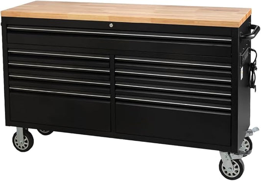 GarveeTech 61-Inch Heavy-Duty Rolling Tool Chest & Mobile Workbench with 9 Drawers, Rubber Wood Tabletop, Key Locking System, Drawer Liners and Wheels, Steel Storage Cabinet for Garage, Workshop