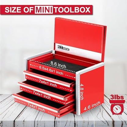 P.I.T. Mini Steel Tool Box,3 Drawer and 5 Drawer Stackable Toolbox with Magnetic Tab Locking,Red