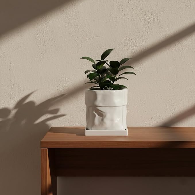 Nihow 6 Inch Ceramic Plant Pot with Drainage & Square Saucer, White | Bag Shape Design,Indoor & Outdoor,Living room/Office/Bedroom/Windowsill/Tabletop,Plant Lovers/Gardeners/Beginners