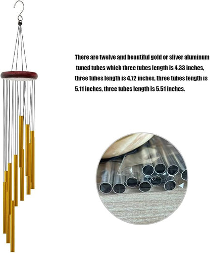 Wind Chimes for Outside with 12 Aluminum Tubes Wind Bells, 23 Inches Melody Windchimes Outdoors for Farmhouse Garden Patio Home Decor (Gold)