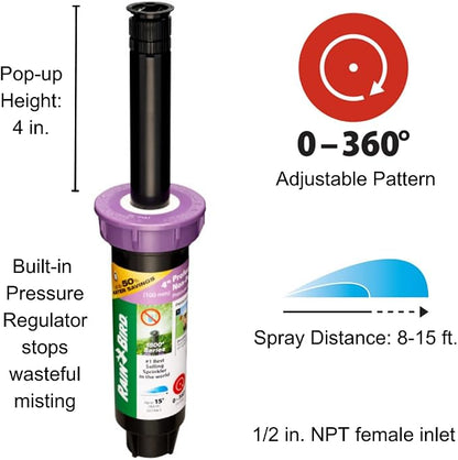 Rain Bird 1804NPPRS Pressure Regulating (PRS) Professional Non-Potable Water Pop-Up Sprinkler, Adjustable 0° to 360° Pattern, 8' - 15' Spray Distance, 4" Pop-up Height, Purple Cap