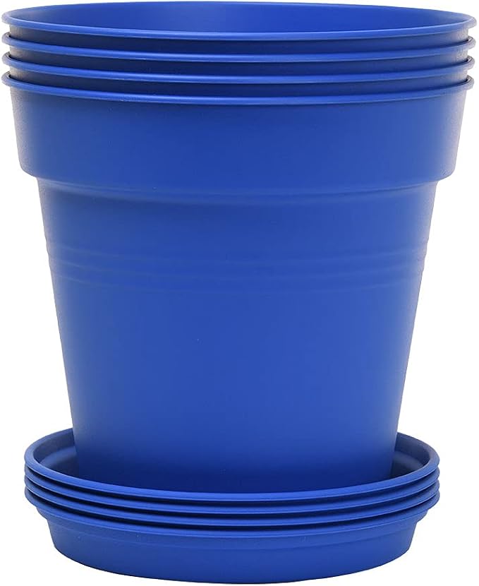 Mintra Garden Pots, 4 Pack Bulk Plastic Plant Pots with Drainage Tray, Round Indoor & Outdoor Decorative Planters with Drain Holes for Flowers, Herbs & Plants, 19cm Diameter – Blue, 7.5 in