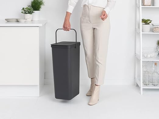 Brabantia Sort & Go Kitchen Recycling Bin | L / 10.6 Gal / 40L | Dark Gray | Removable Stay-Open Lid, Carry Handle | Trash Can for Bottles, Cans, Paper, Glass | Wall Bracket Sold Separately