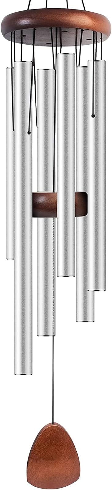 37 Inch Large Aluminum Wind Chimes, Sleek Silver with Deep Tone and Wood Top, Outdoor Decor for Garden Patio Backyard Porch, Birthday Housewarming Gift